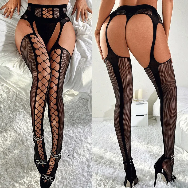 

Erotic Fishnet Women Crotchless See Through Transparent Mesh Stockings Babydoll Dress Sexy Lingerie For Sex