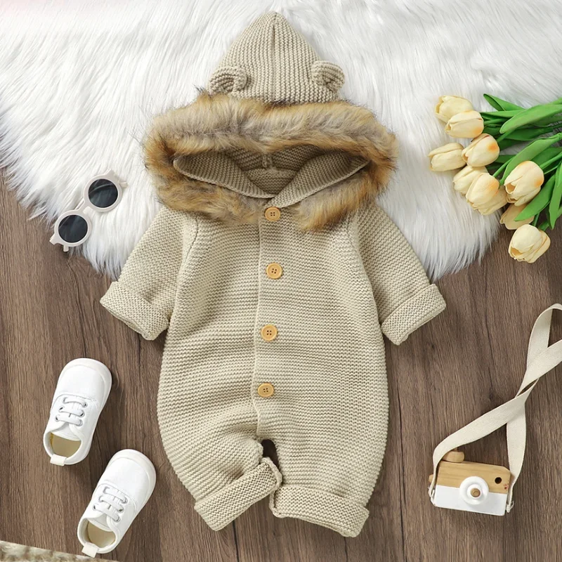 One Piece Toddler Unisex Outfit Winter Warm Baby Rompers with Hood Long Sleeve Knit Newborn Boys Girls Camel Jumpsuits Playsuits