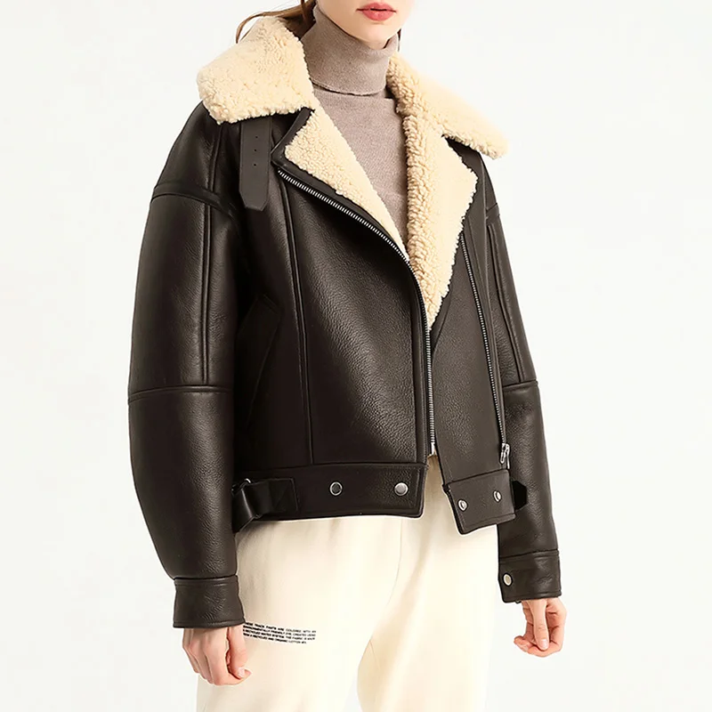 Echte Schapenvacht Shearling Jassen Vrouwen Echt Leren Jack Dik Warm Winter Opstaande Kraag Crop Jack Mh5173l