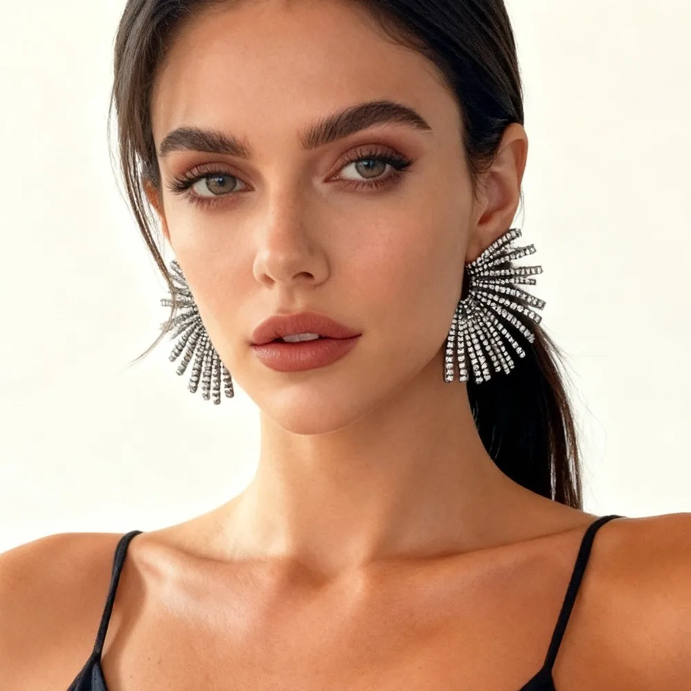 Shiny Crystal Sunburst Statement Drop Earrings for Women, Sparkling Rhinestone Fan Shape Party Jewelry 2026 Hot Sale
