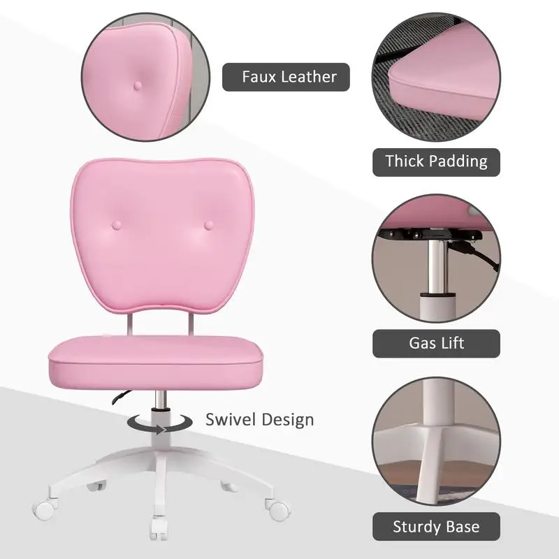 Cute Armless Office Chair, PU Leather Swivel Desk Chair, Adjustable Height Vanity Task Chair, Mid Back, Pink Color