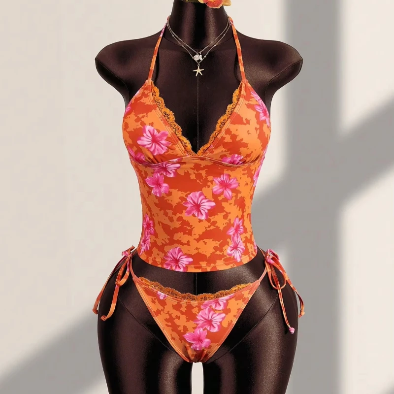 2026 Summer Floral Print Elegant Cute Fashion Slim Fit V-neck Lace Patchwork Sexy Vacation Style Trendy Harajuku Bikini Sets Emo
