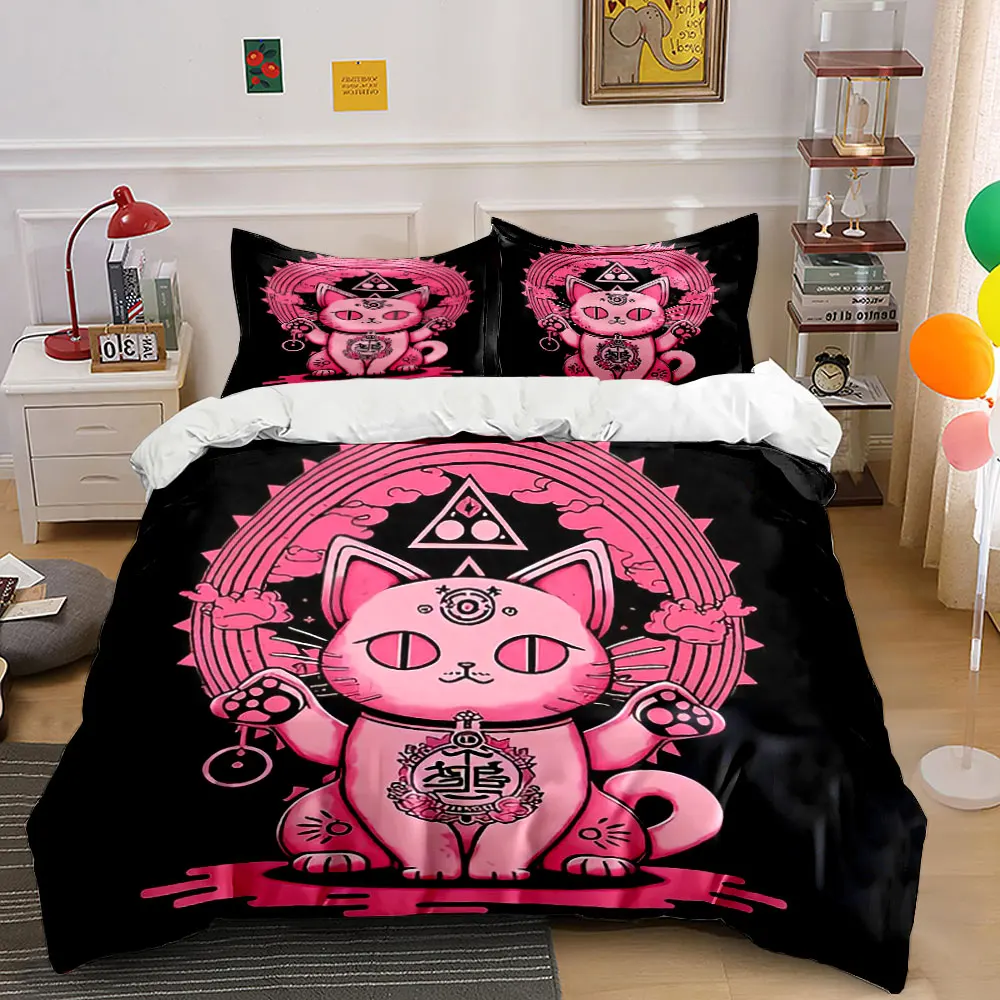 

"Pink Lucky Cat Art Decor" Bedding Set with 1 Duvet Cover 2 Pillowcases Single Double King Queen, Gift