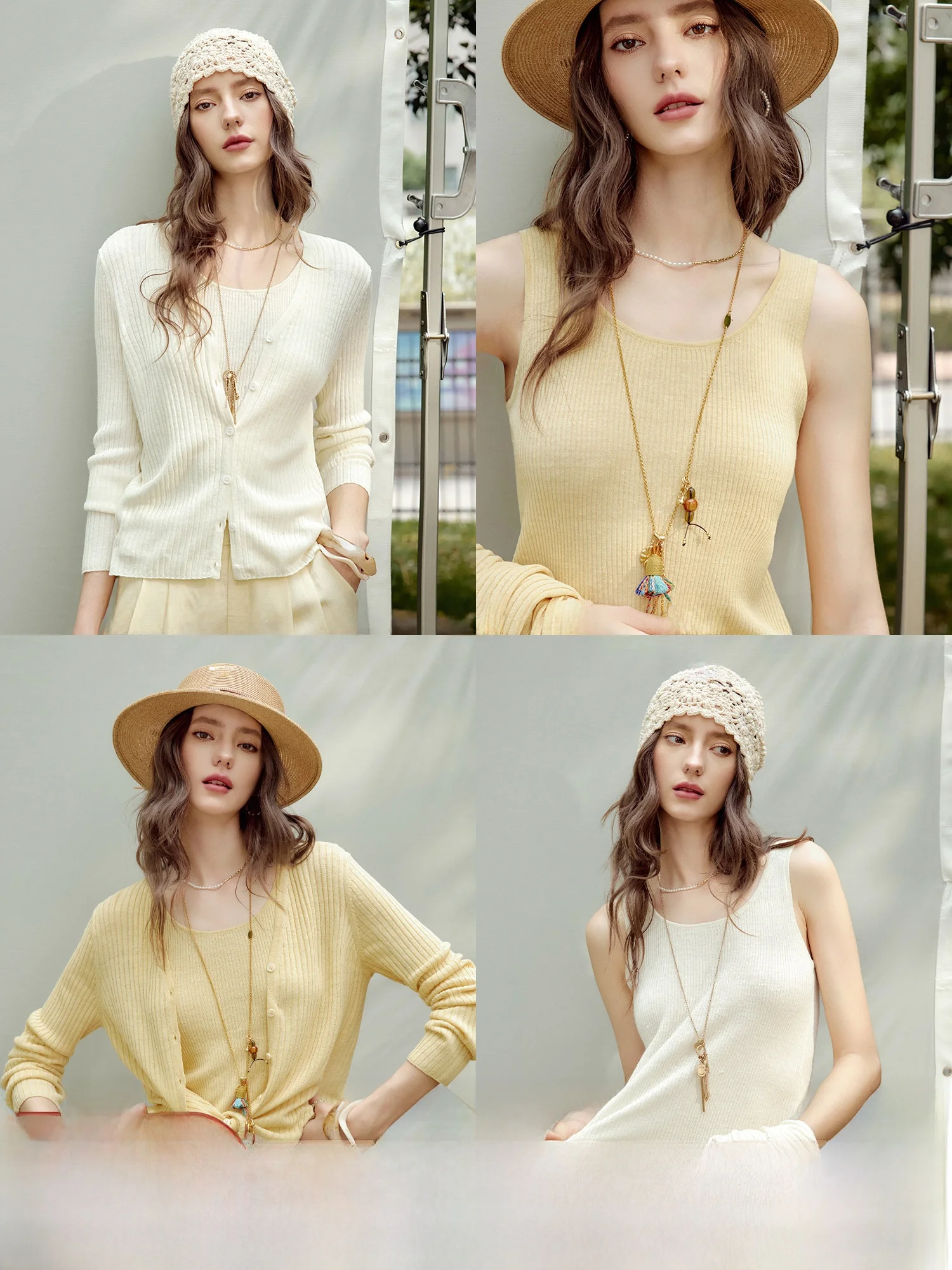 

NAGUAGU Pumpkin Valley Light Oxygen Hemp Knitted Sweater Women's Summer Thin Simple V-ne Open Cardigan Vest Set