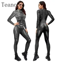 Halloween Skeleton Costume Bodysuit 3D Stretch Skinny Jumpsuit Womens Rompers Party Zentai Outfit Catsuit