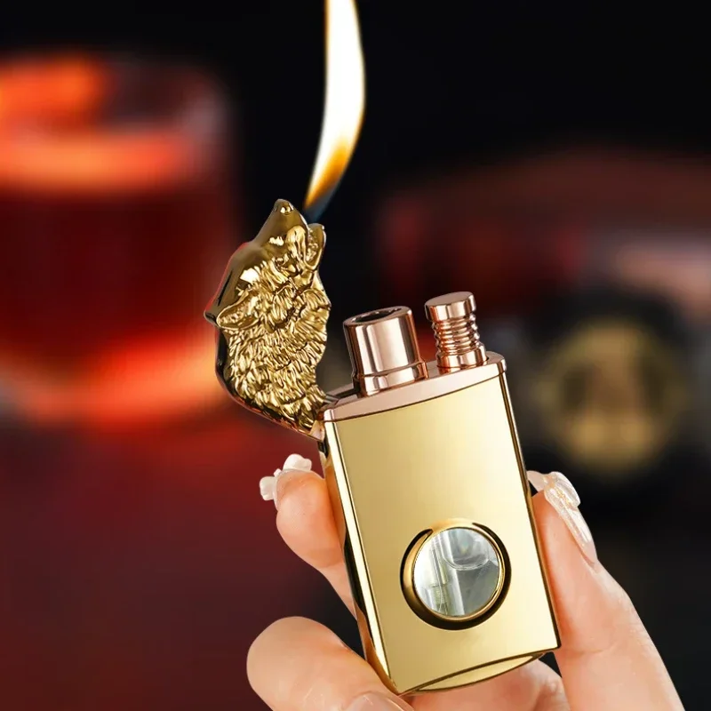 Wolf Head Glowing Transparent Gas Chamber Dual Fire Conversion Lighter Metal Windproof Gas Lighter Smoking Men Gift