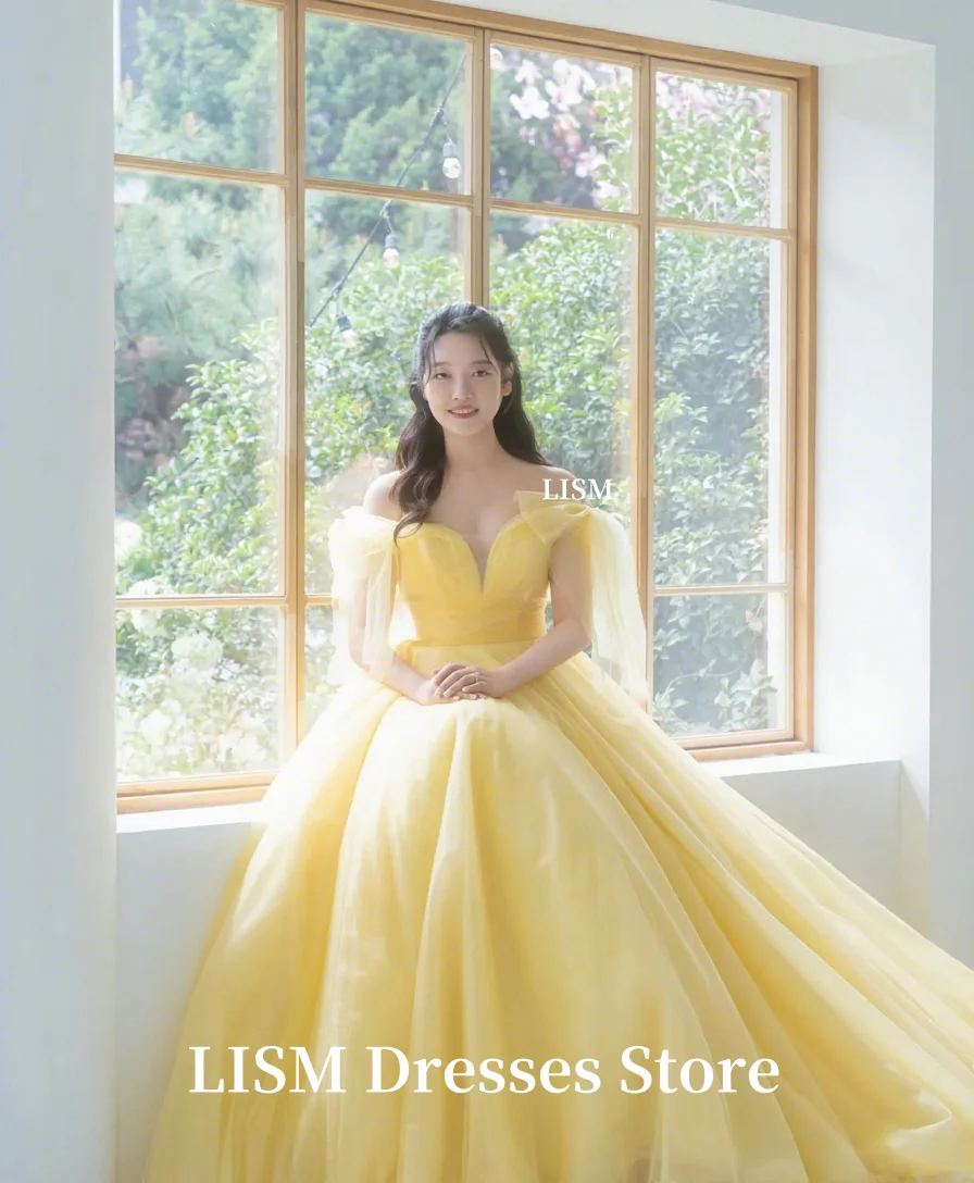 LISM Bright Yellow Korea Wedding Party Dresses Off Shoulder Soft Tulle Luxury Fluffy Party Dress 저녁 드레스 Customize Corsets