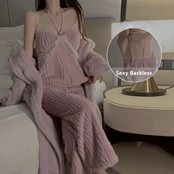 Autumn Winter Warm Women Pajama Suit Sexy Coral Velvet Warm Loungewear Sleepwear Pants Robe Simple Casual Flannel Lace Homewear