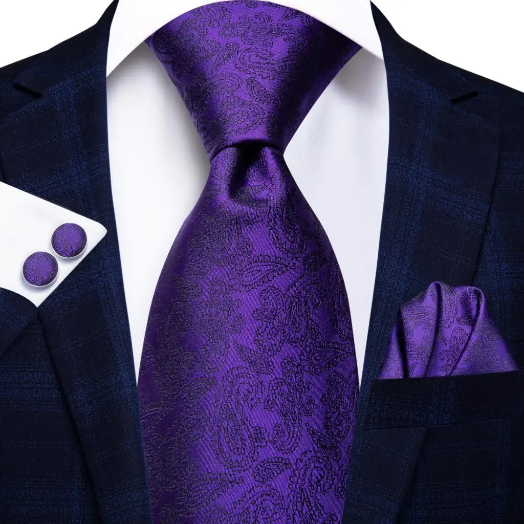 Solid Purple Paisley 2022 New Fashion Brand Ties for Men Wedding Party Necktie Set gemelli a mano regalo all'ingrosso Hi-Tie Design