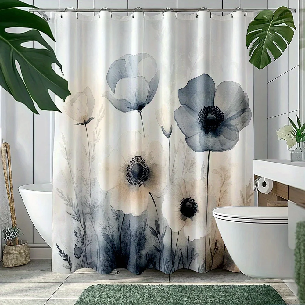 1PC Watercolor Poppy Shower Curtain – Blue & Cream Floral, Leafy Botanical Design, 2D Print, Mildew-Resistant Polyester