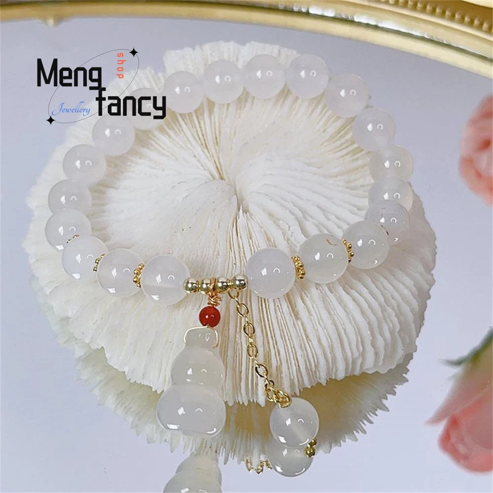 Natural Lychee Frozen White Agate Emerald Gourd Safe Buckle Jade Lotus Seed Pendant Retro Style Bracelet Exquisite Holiday Gifts