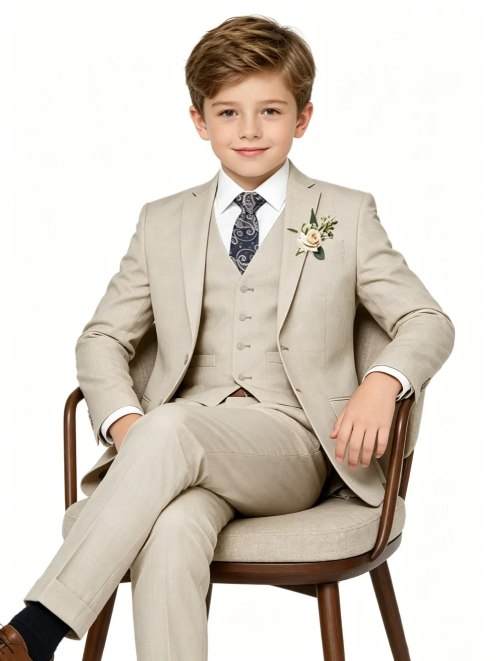 Sommer-Leinenanzug-Set für Jungen, 4-teilig, Hochzeits-Outfit für den Ringträger, gekerbter Reverskragen, Slim-Fit-Smoking für Kinder, für Klavierauftritte, 3–14 Jahre – Detail 5