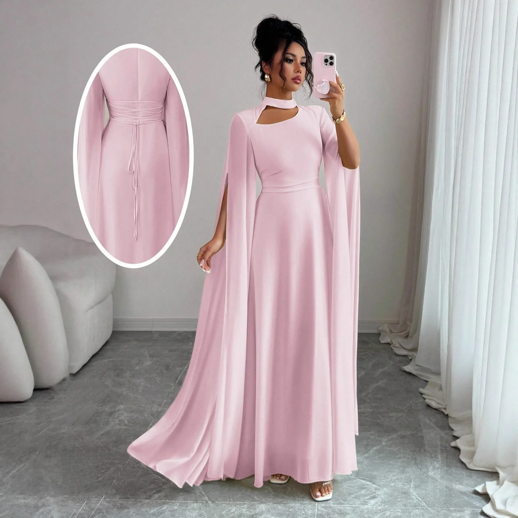 

Spring Summer Women's Jumpsuit Belted Par Dr Evening Gown Princ Sle Elastic Waist Tulip Sve A-Line Skirt