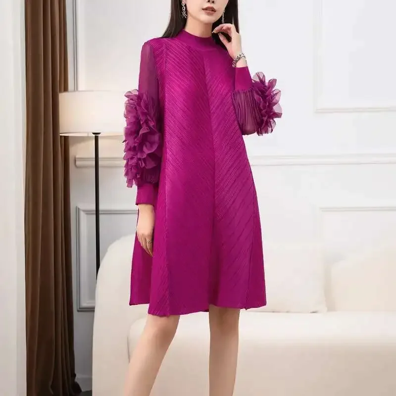 

HANGXI Miyake High End Casual Pleated Dress for Women Stand Collar Long Sleeves Solid Color Dresses Fashion Spliced 2025 New