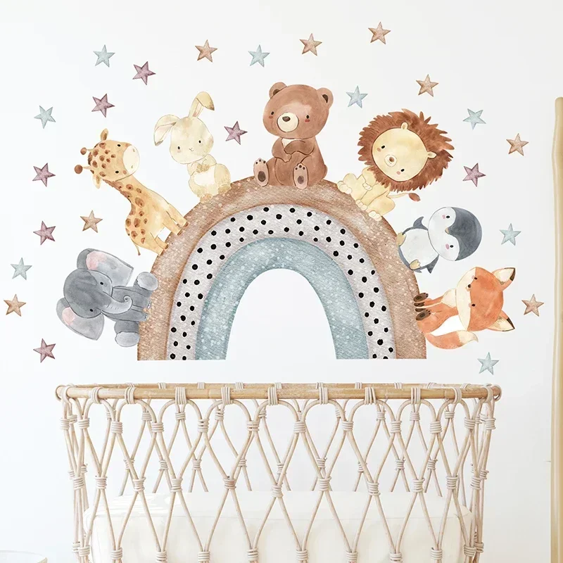 Watercolor Cartoon Cute Africa Animals Wall Stickers Elephant Giraffe Bear Fox Kids Room Wall Decals Decorative Sticker for Wall image 4