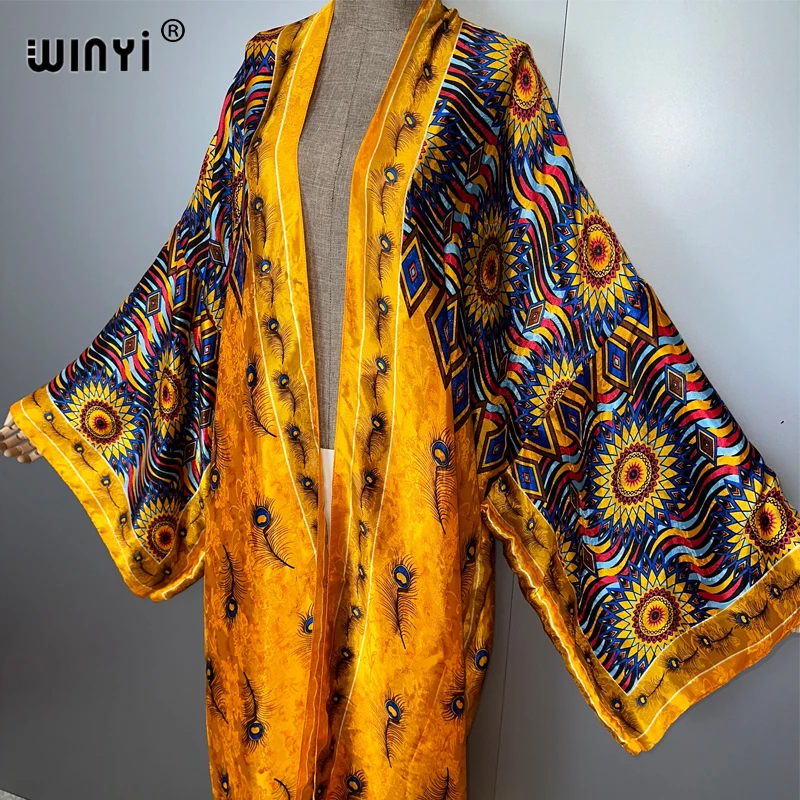 WINYI แอฟริกา boho พิมพ์ชุดกิโมโนชุดยาวผู้หญิงมุสลิม Cardigans ชุดชายหาด kaftan beach cover up party dress maxi coat