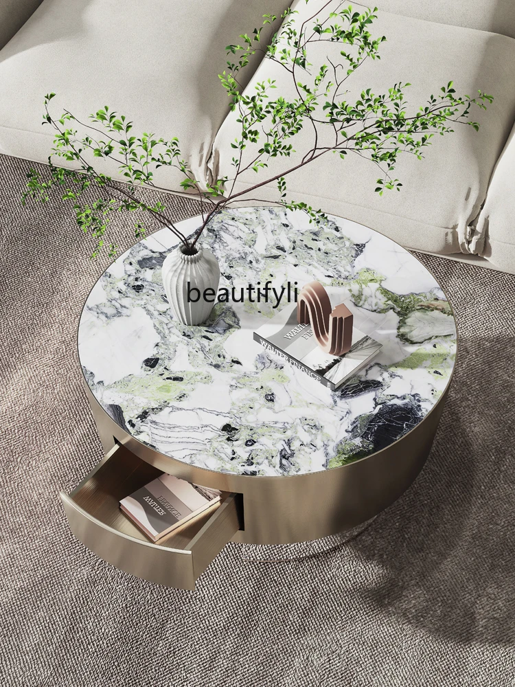 Italian Minimalist Living Room Home Natural Marble round Tea Table Acrylic Designer Light Luxury Stainless Steel Coffee Table