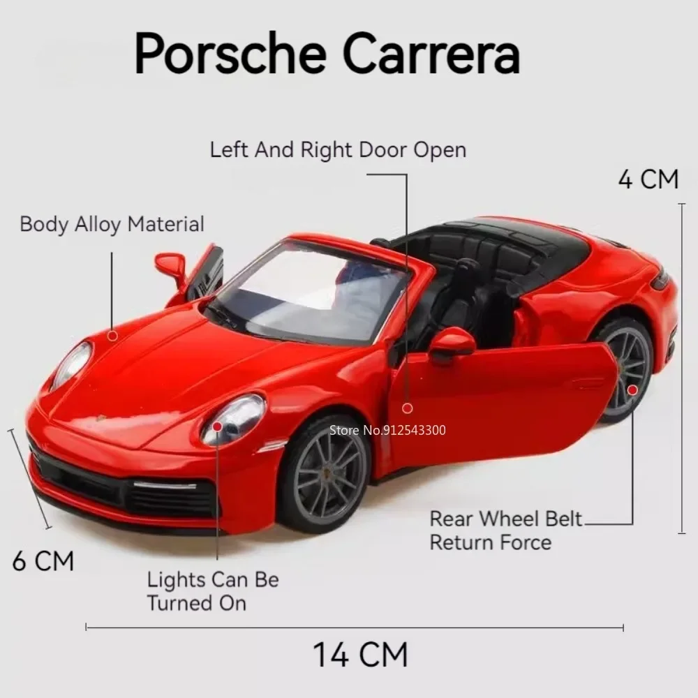 1/32 Porsche 911 Carrera Car Model Toy Alloy Diecast Sound Light Pull Back Convertible Metal Sports Cars Models Gifts for Kids