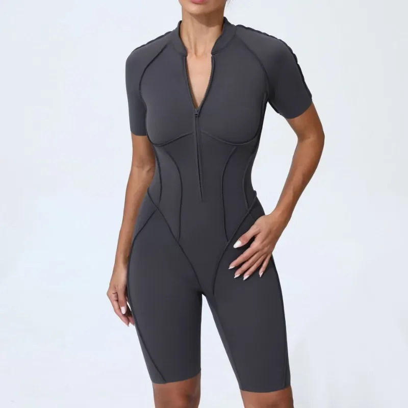 Zipper Short-sleeved Yoga Sports Fitness Jumpsuits Sets Without Chest Pad Tight Bodysuits Shorts Gym Workout Clothes for Women