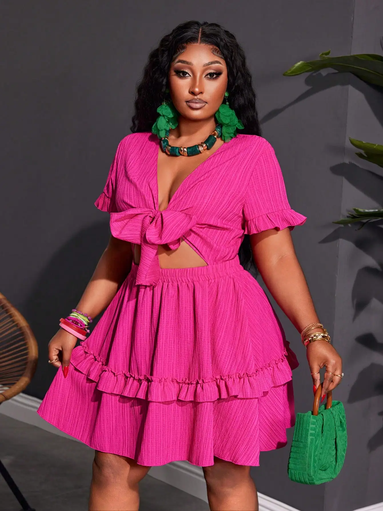 Plus Size Pink Mini Dress with Ruffled Tie Front & Cutouts, A-Line Summer Vacation Outfit