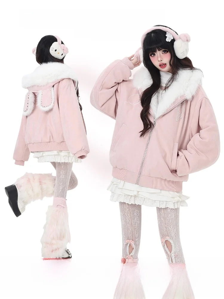 

Женская теплая хлопковая куртка Crazygirl с розовыми кроличьими ушками, свободного кроя, с капюшоном, для осени и зимы