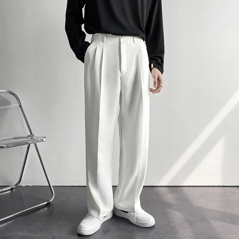 2024 New Men White Straight Pants Fashion Korean Loose Suit Trousers Casual Draped Baggy White Wide Pant Male Streetwear