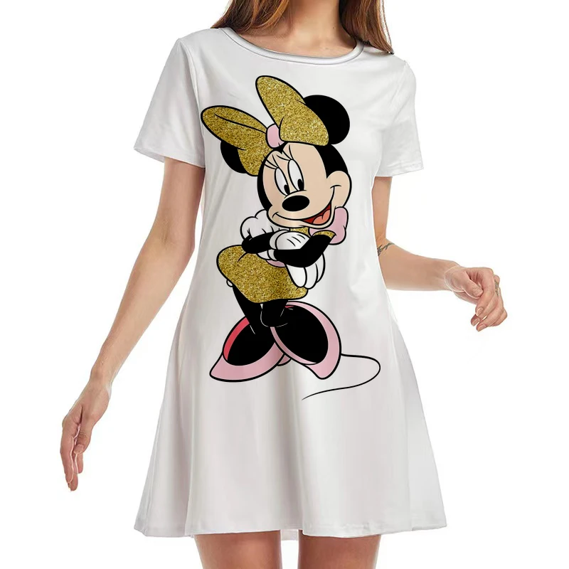 Summer New Disney Brand Mickey Minnie and Winnie the Pooh Anime Pleated Loose Print Short Sleeve Knee Length Casual Dress Y2K