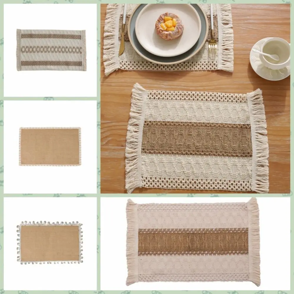 Manteles Individuales rectangulares de algodón y lino, tapete de mesa Retro tejido, cuenco de plato de té y café nórdico de encaje