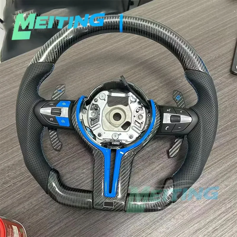Customized blue logo carbon fiber steering wheel with shift paddles and multifunctional buttons for BMW F80 F82 F10 F06 F12 F13