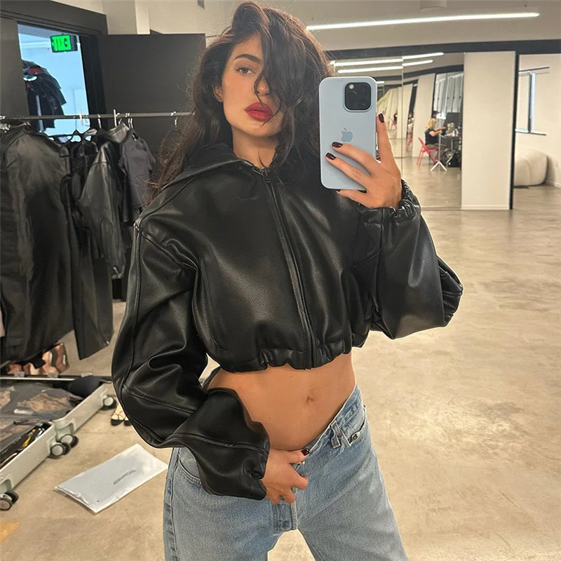 

Women Autumn Short Pu Leather Jacket Zipper Long Sleeve Solid Color Hooded Sexy Jackets Coat