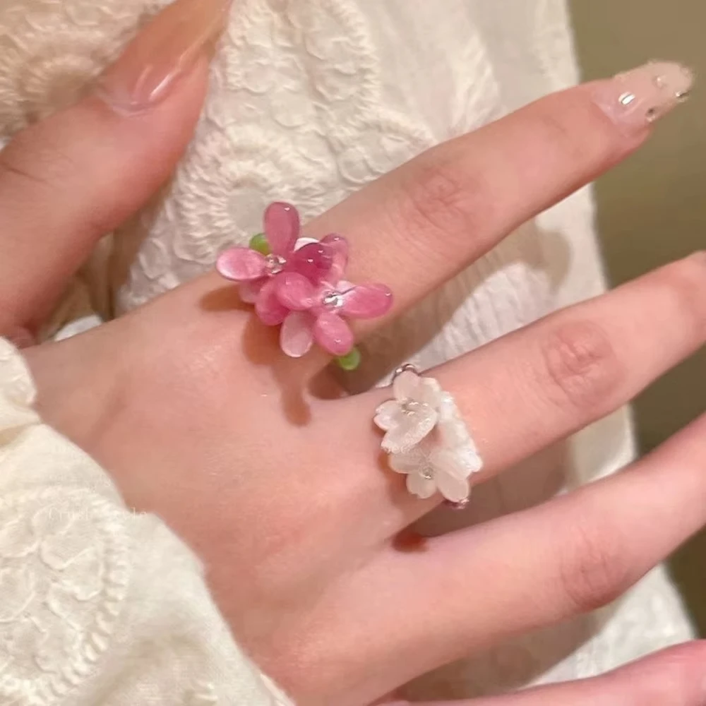 Jardme 2 PCS Violet Flower Acrylic Ring for Women Spring Summer Elastic Beaded Rings  Finger Jewelry Accessories Gift