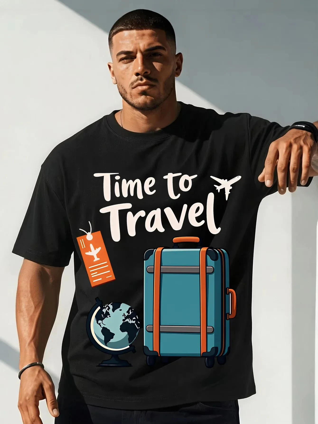 Mens Crew Neck Tshirt Travel Luggage Globe Plane Ticket Print Short Sleeve Tee For Adventure Trip Fan Daily Casual Street Outfit