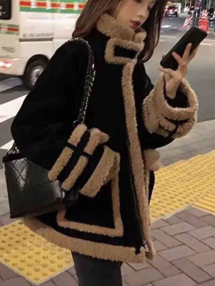 

2025 Women's Korean Style Loose Short Coat Lamb Wool Thickened Turtleneck Zipper Long Sleeves Overcoat Autumn Winter New Clothes