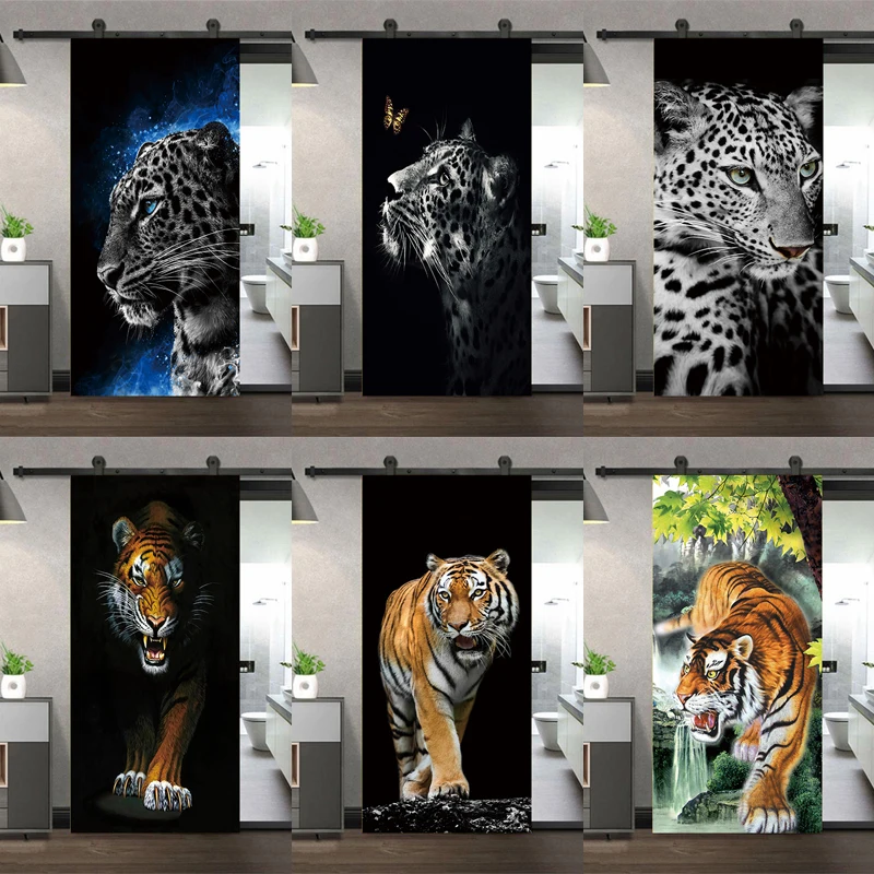 

Tiger Leopard Door Stickers Wallpaper Self-adhesive Home Bedroom Wallpaper Decal Removable Waterproof Poster Mural