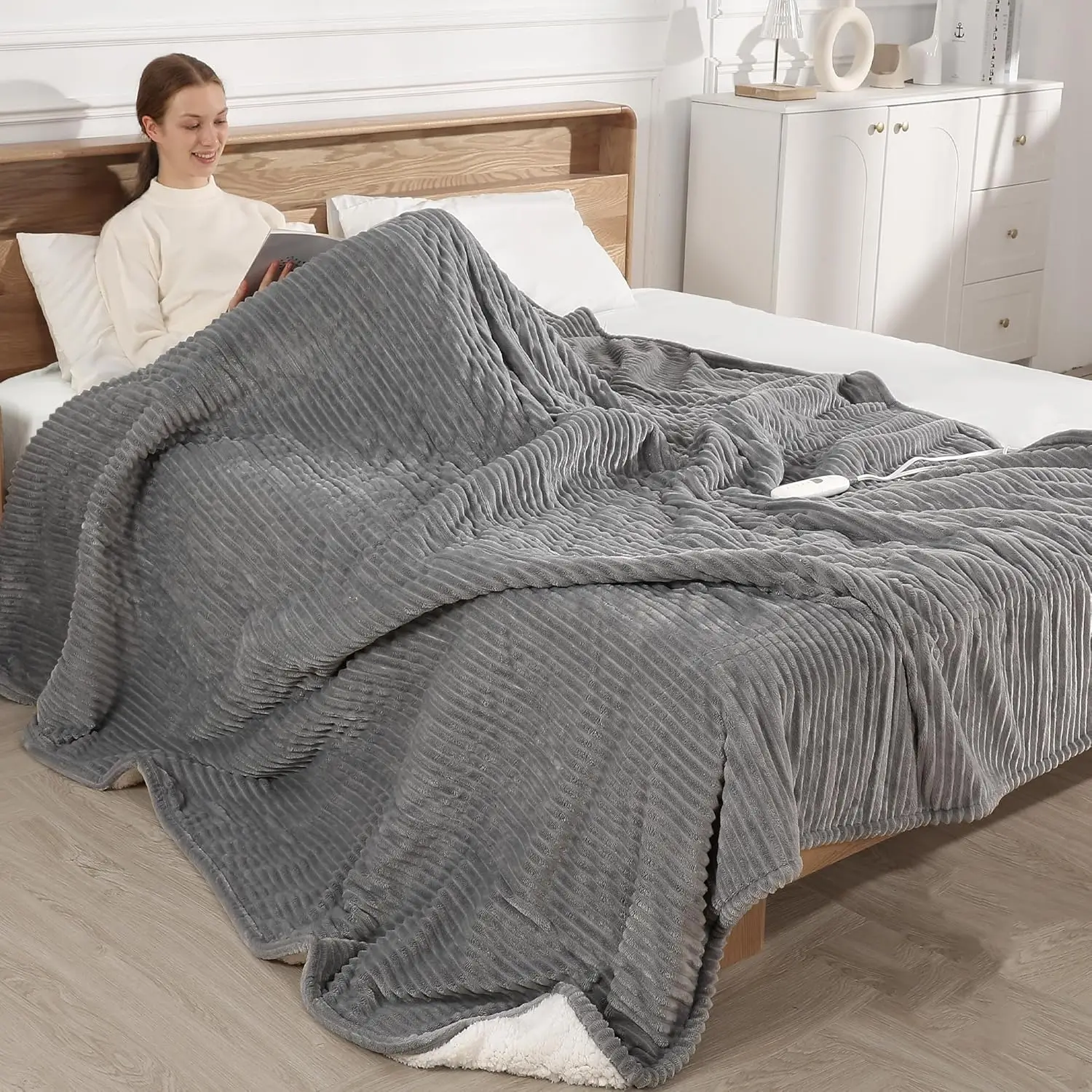 

Queen Size Electric Heated Blanket Dual Control 5 Heat Settings 10H Auto Off ETL Certified Machine Washable Light Grey