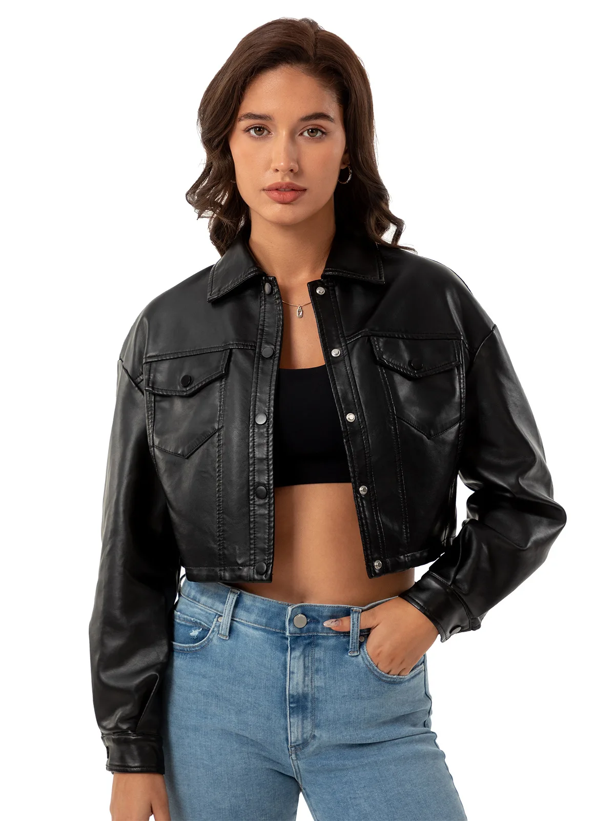 Summer new loose casual leather jacket female long-sleeved single-breasted ladies short PU jacket lapel fashion