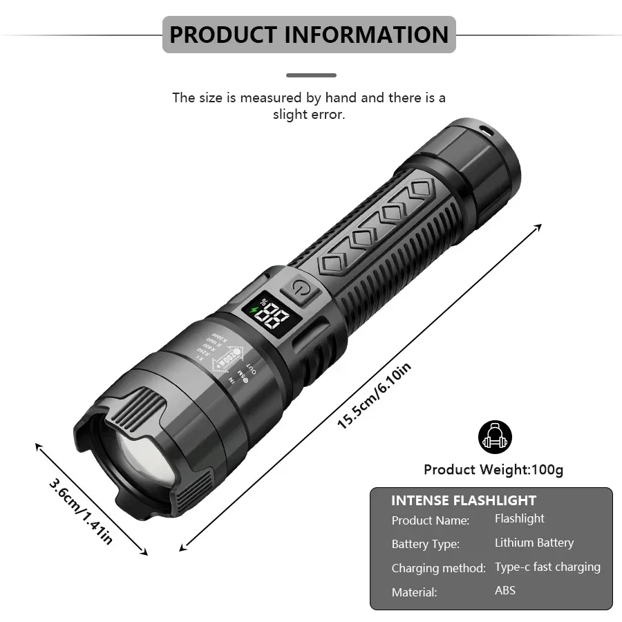 Portable Telescopic Zoom ABS Flashlight 3 Lighting Modes Rechargeable IPX4 Waterproof Torch With Power Display For Outdoor