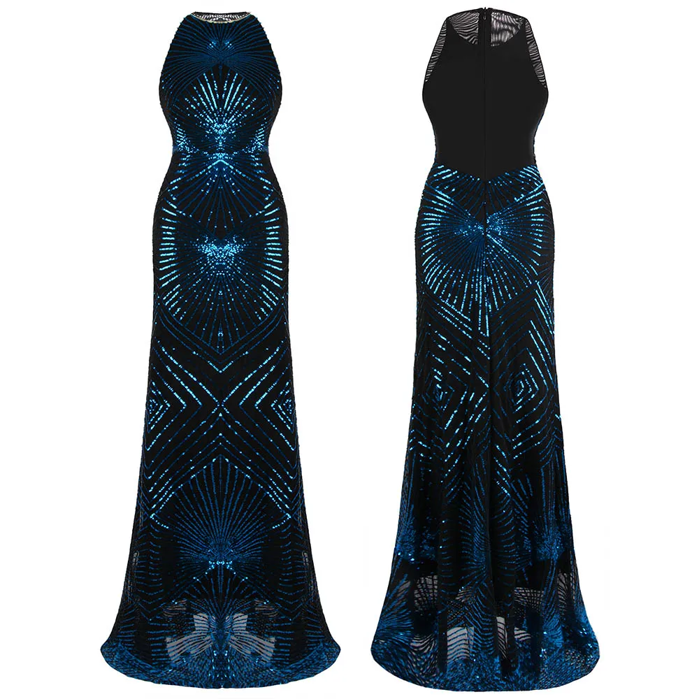 

Angel-fashions Women's Evening Dress Long Formal Gown See Through Art Deco Sequin Elegant Wedding Party New Gown Blue 402