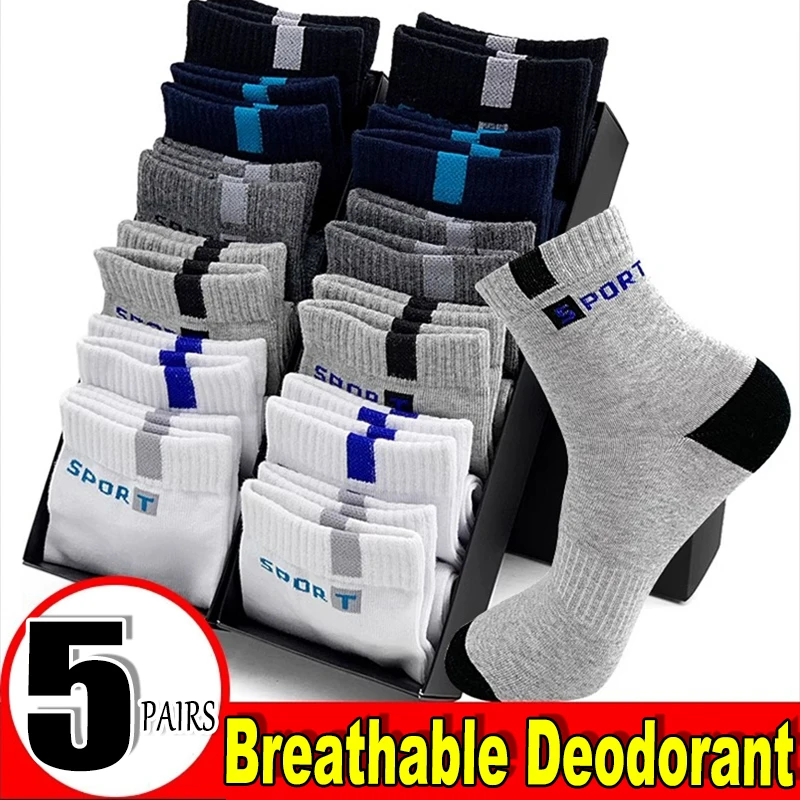 

5pairs Men Cotton Mid-tube Socks Casual Breathable Sports Deodorant Sock Soft Sweat-absorbing Business Sox Male Plus Size 36-43