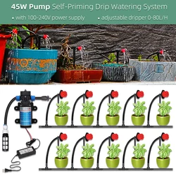 45W Self-Priming Pump Garden Watering Irrigation System 5-30M Kits Power Supply Drip Spray Nozzles for Balcony Yard Greenhouse