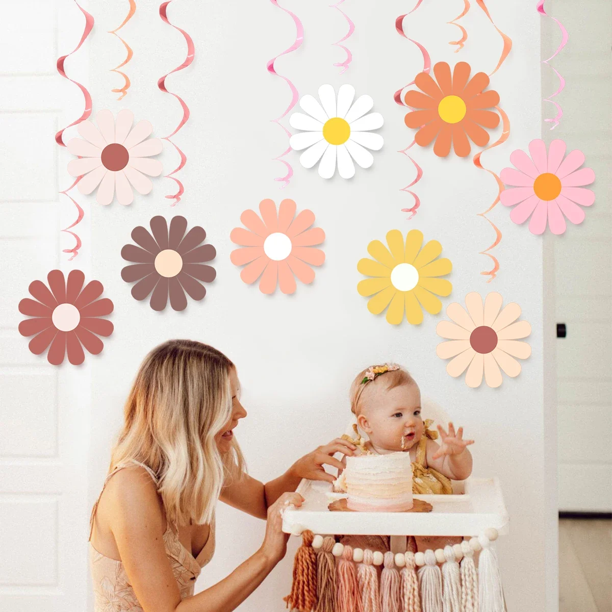 30 stuks zoete madeliefje bloem thema spiraal banner Bohemen Swirl hangende slinger voor kinderen verjaardag baby shower bruiloft decor
