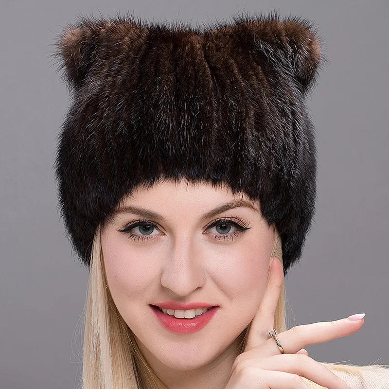 

Winter New Simple Mink Hat Women's Mink Knitted Warm Hat Ear Protection Cat's Ears Knitted Hat