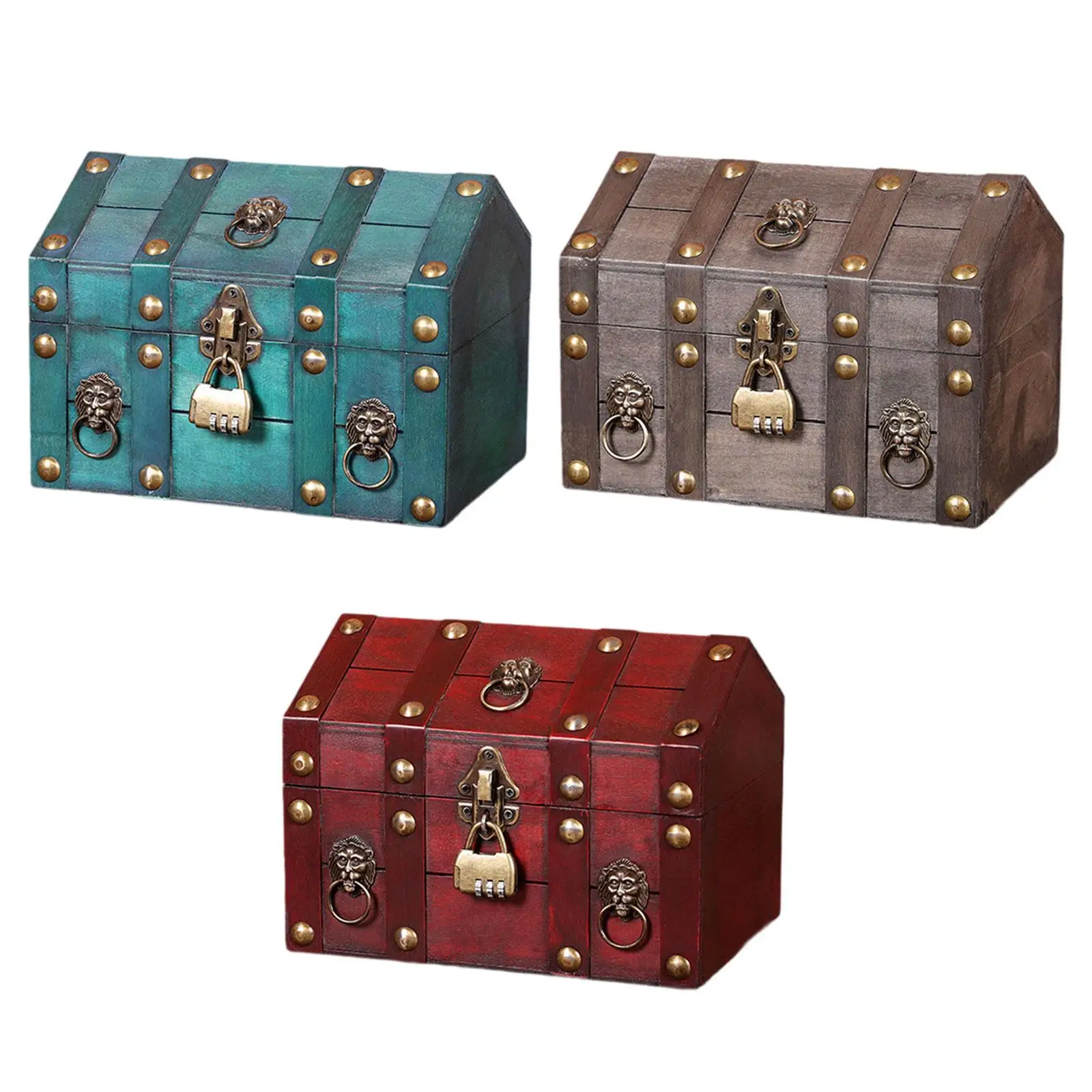 Pirate Treasure Chest with Coded Lock Wood Lockable Unique Trinket Box Vintage Design Decorative Storage Box Jewelry Box