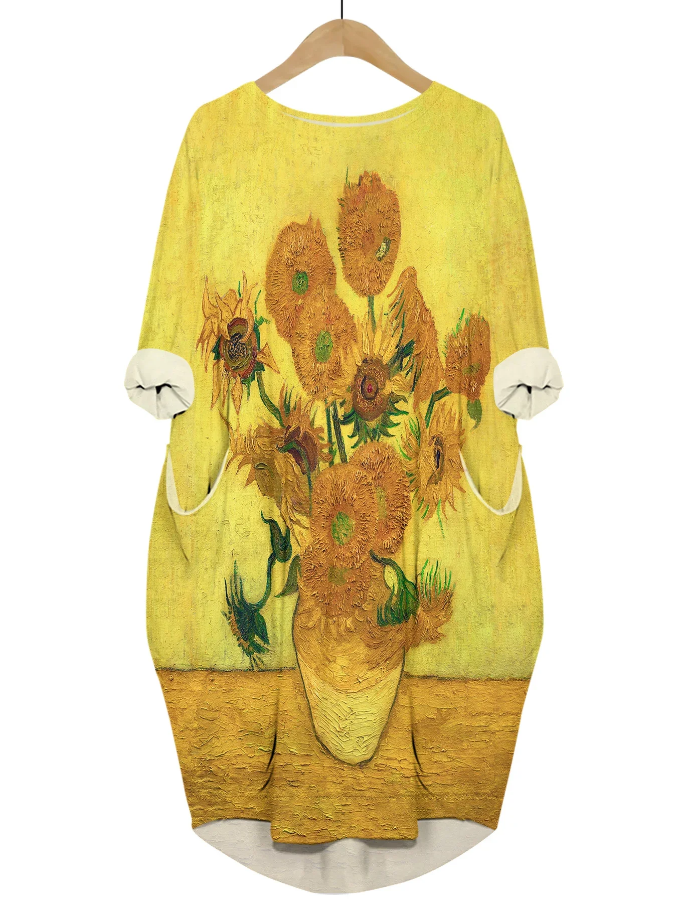 CLOOCL Sunflowers Pockets Dress Famous painter Van Goghs artworks 3D Printed Knee-length Female Vintage Long Sleeve Skirts