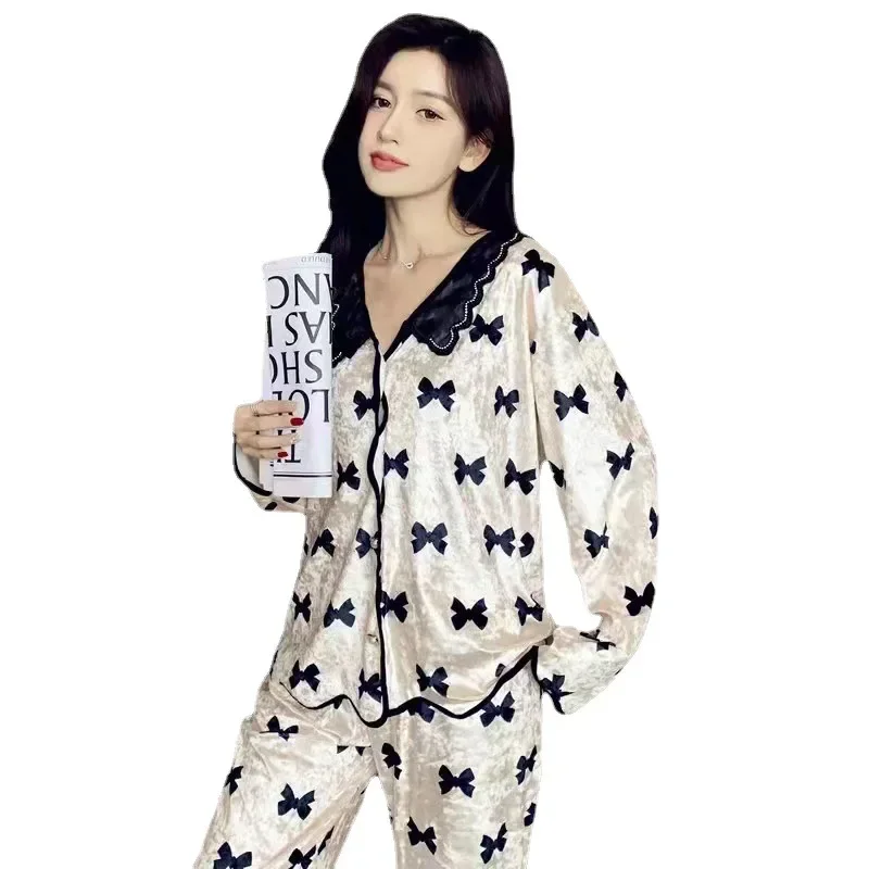 Gold Velvet Pajamas for Women Long-sleeved Sweet Women\'s Pajamas Set Autumn and Winter Bow Home Wear Clothes Nightwear Sleepwear