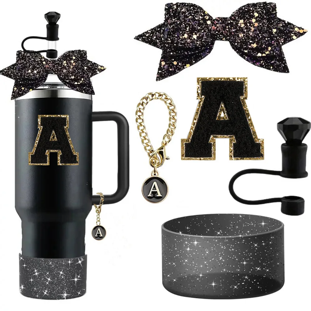 5pcs Accessories Set for Stanley 30oz 40oz Tumbler Cup Including 10mm Diamond Straw Cover Topper Bow Ties Initial Sticker