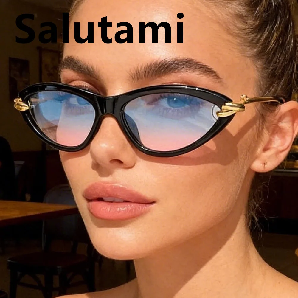 Einzigartige Legierung-Sonnenbrille mit Knotenbügel und Katzenaugen-Design für Damen, Neue Mode Blau-Rosa Farbverlauf Sonnenbrille, Sexy Fahrbrille für Damen in Schwarz