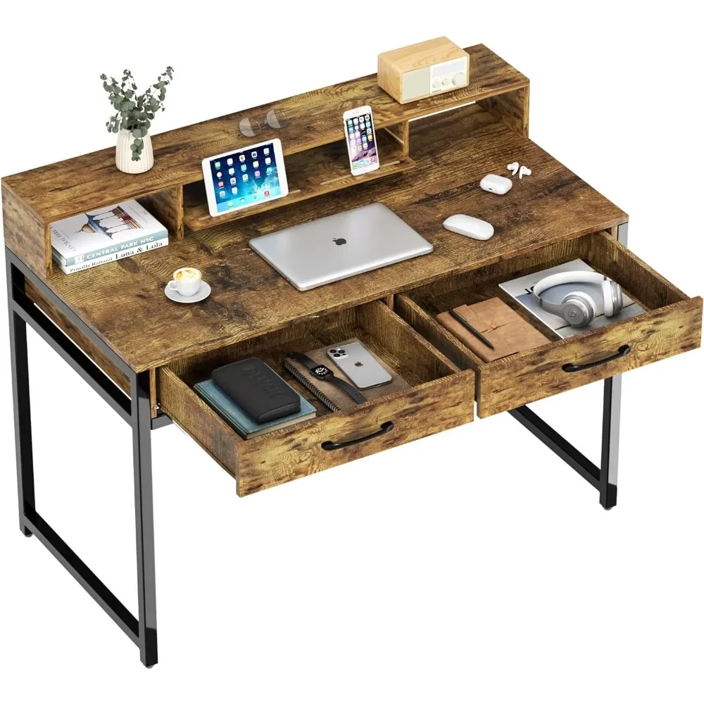 

47" Home Office Desk With Monitor Shelf Gaming Work Desk Study Desk for Bedroom Computer Table Rustic Brown Furniture