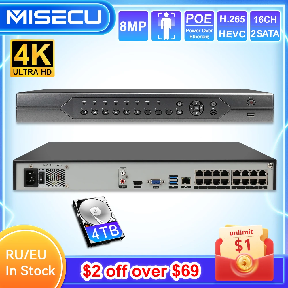 MISECU H.265 16CH 4K 4568MP 48V NVR Real XMEYE P2P Network Video for POE Recorder IP Camera CCTV System with 4TB HDD To Max 14TB