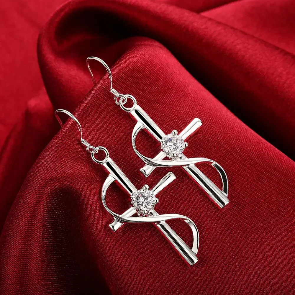 

High Quality Party Jewelry 925 Color Silver Crystal Cross Drop Earrings for Woman Fashion Elegant Trendsetter Christmas Gifts